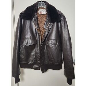 Sears The Leather Shop Brown Bomber Jacket 42 Vtg USA Removable Faux Fur Collar